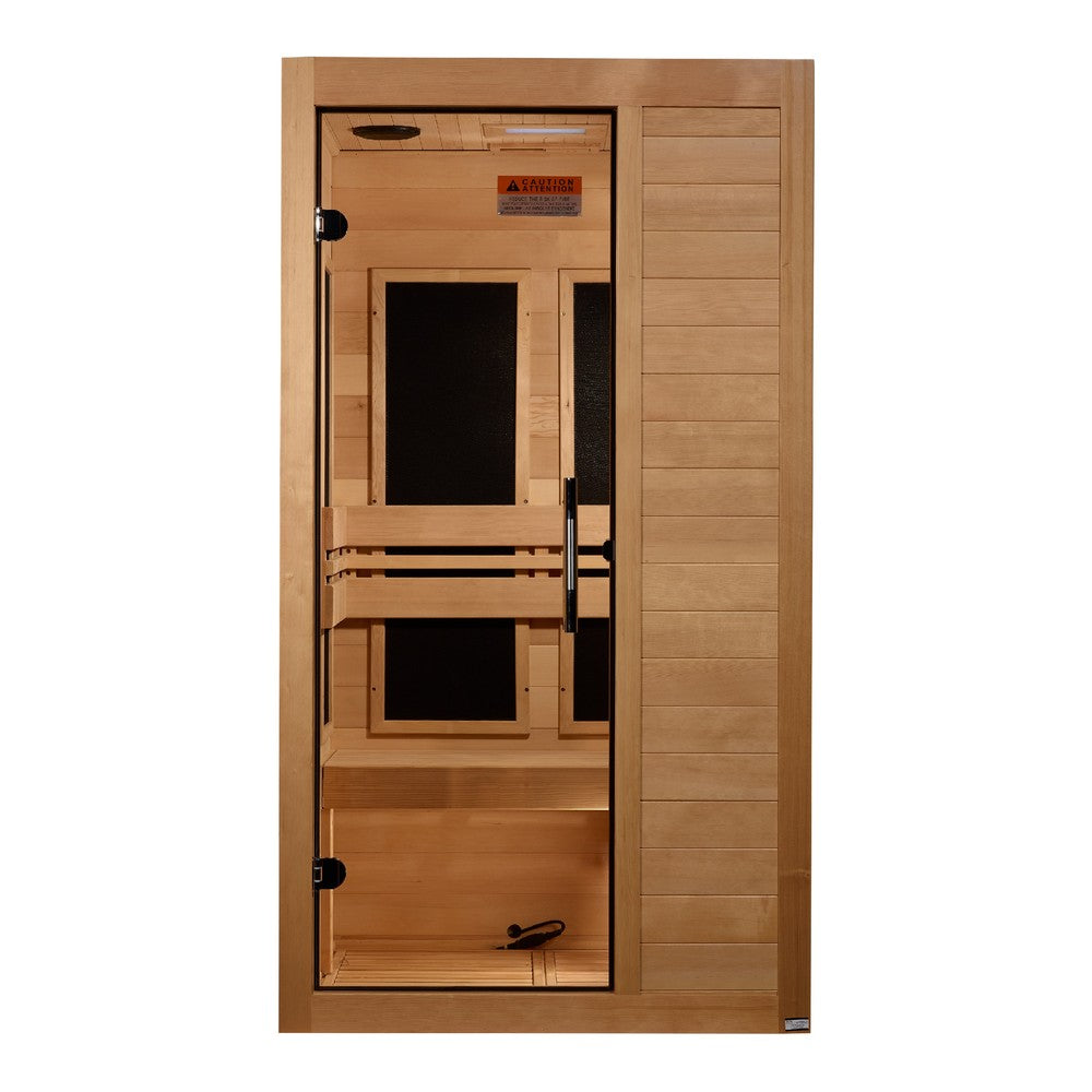 Maxxus S-Line Yoga 1 person Low EMF infrared sauna photographed from a three-quarter angle