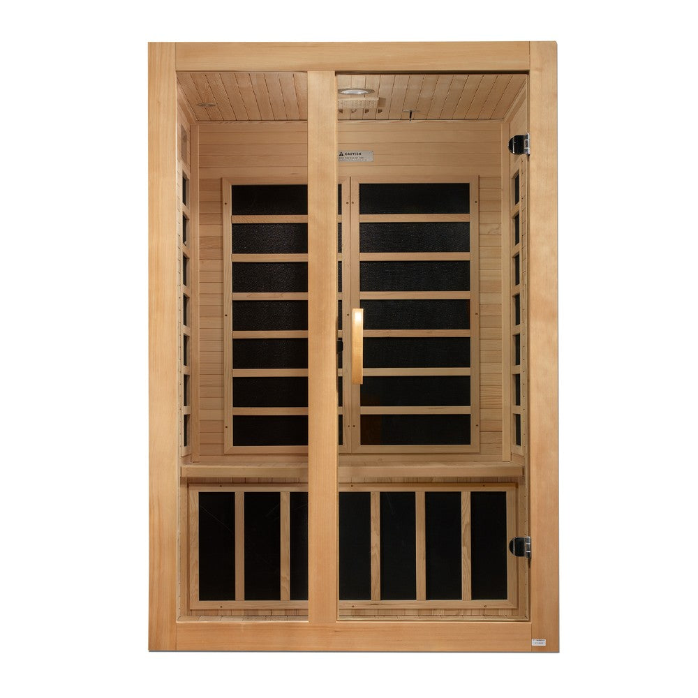 Dynamic Santiago 2 person Low EMF infrared sauna photographed from a three-quarter angle
