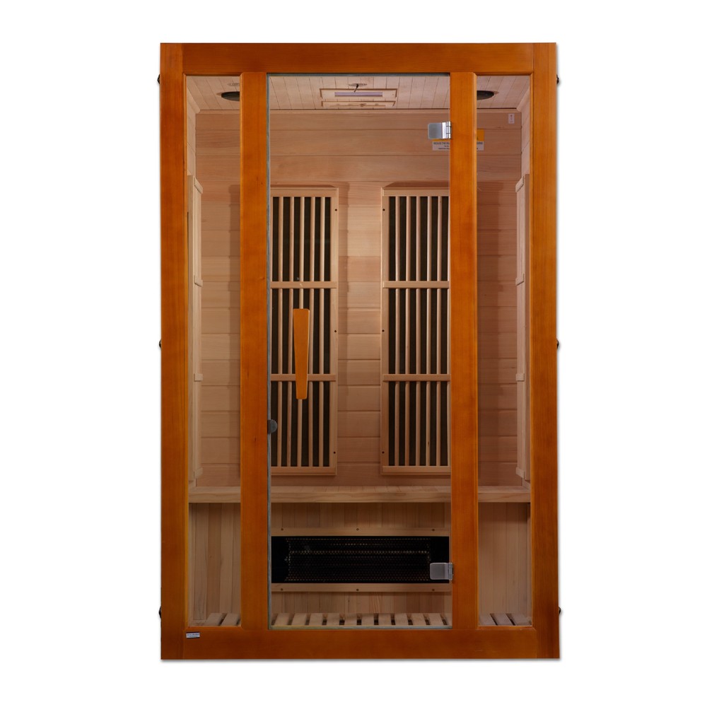 Maxxus Aspen 2 person Low EMF infrared sauna photographed from a three-quarter angle