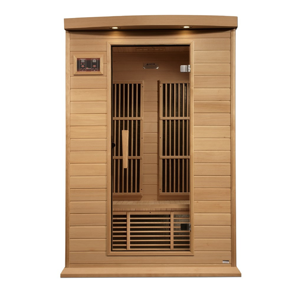 Maxxus MX-K206-01-ZF 2 person Near Zero EMF infrared sauna photographed from a three-quarter angle