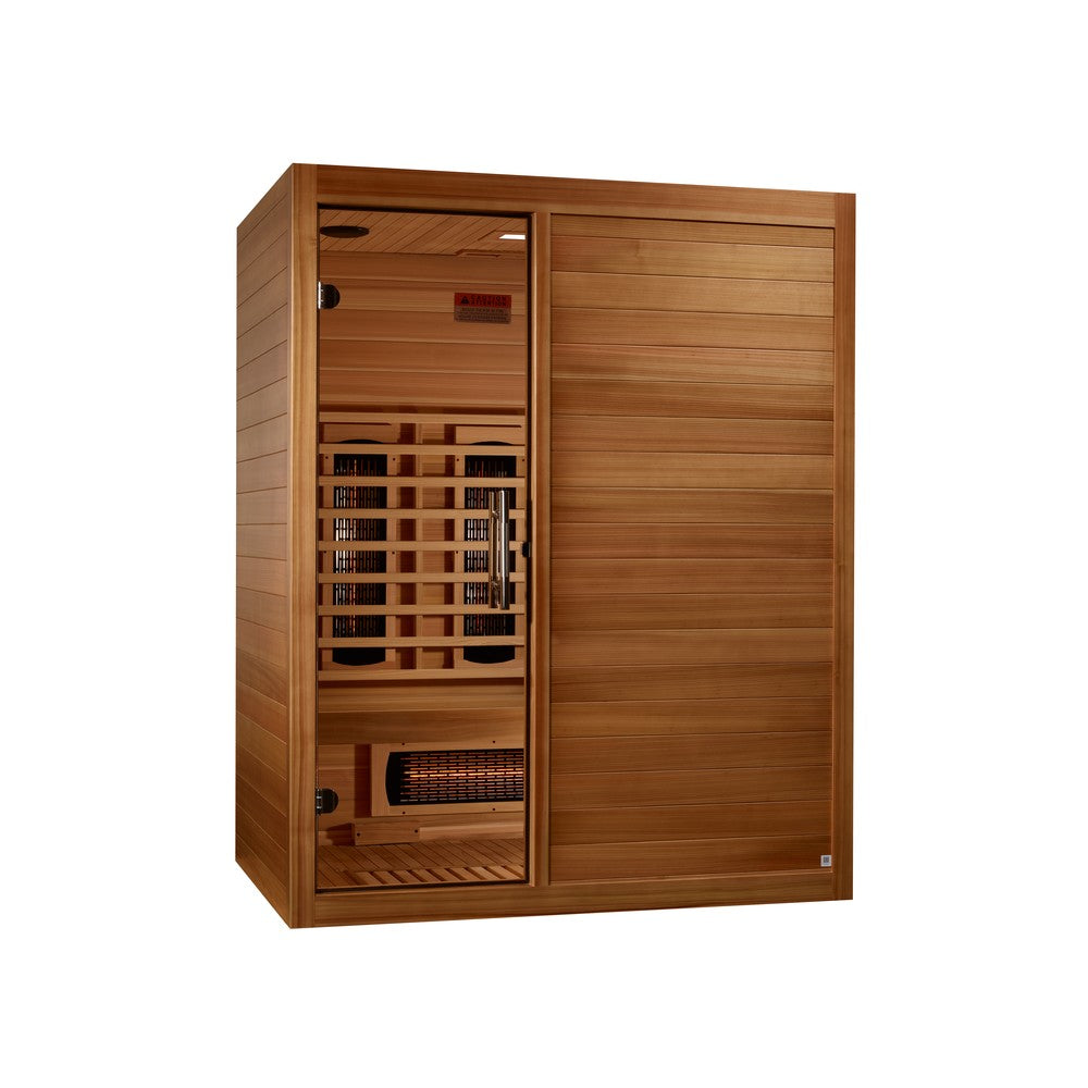 Maxxus S-Line Yoga 3 person full spectrum infrared sauna photographed from a three-quarter angle