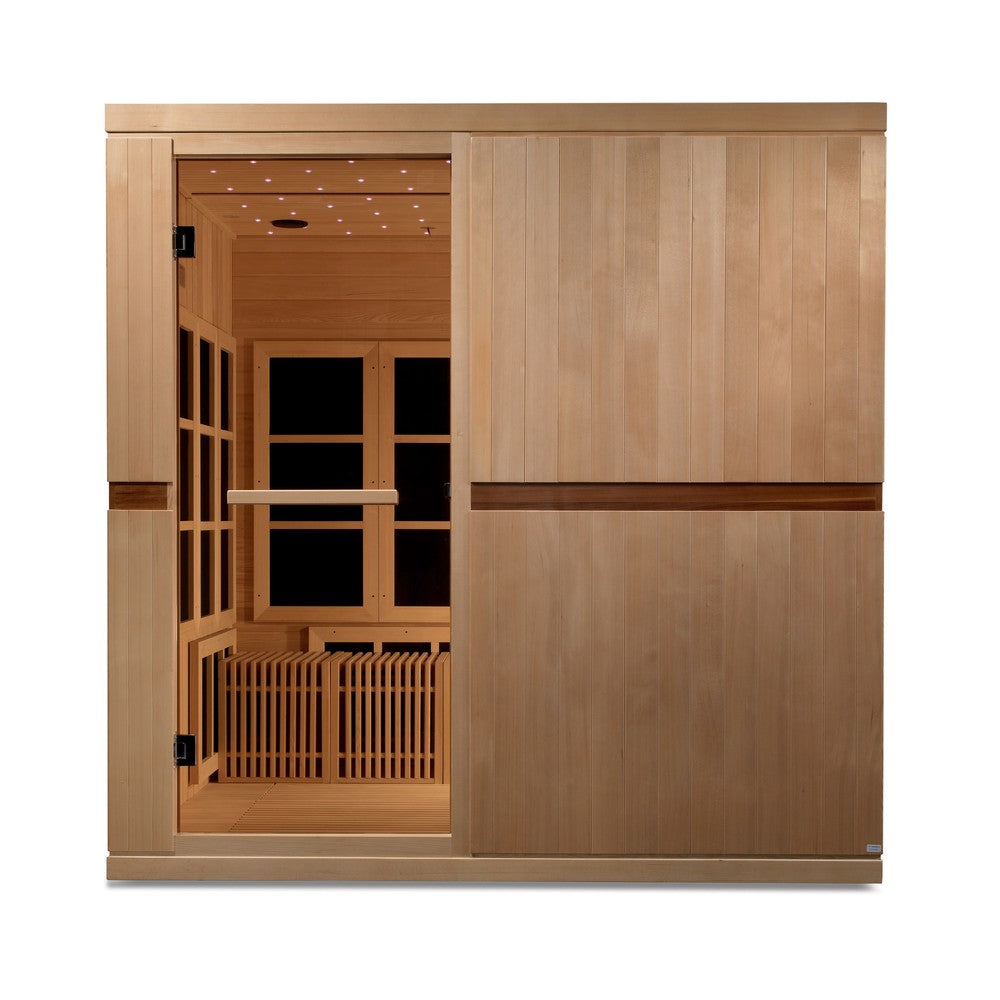 Golden Designs Catalonia 8 person Near Zero EMF infrared sauna photographed from a three-quarter angle