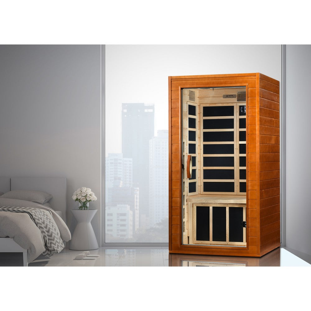 Dynamic Avila 1 person Low EMF infrared sauna photographed in a room