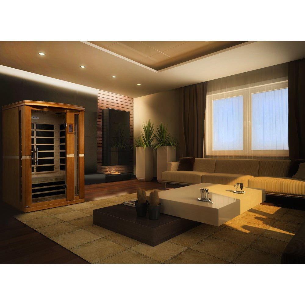 Dynamic Vittoria 2 person Low EMF infrared sauna photographed in a room