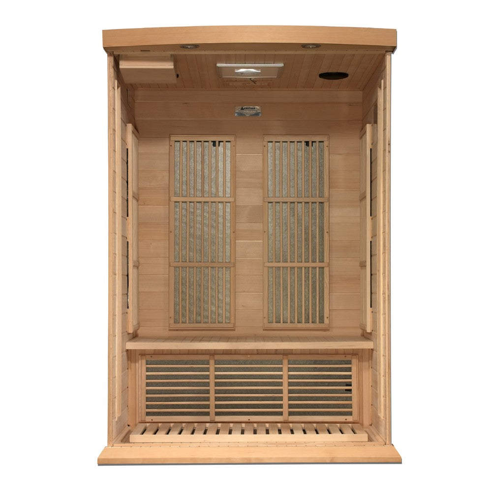 Maxxus MX-K206-01-ZF 2 person Near Zero EMF infrared sauna photographed in a room