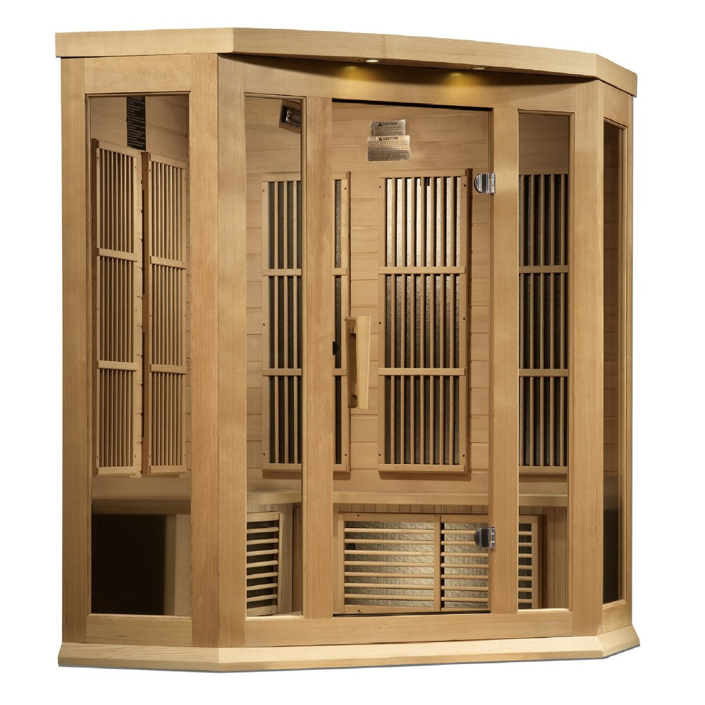 Maxxus MX-K356-01-ZF 3 person corner Near Zero EMF infrared sauna photographed in a room
