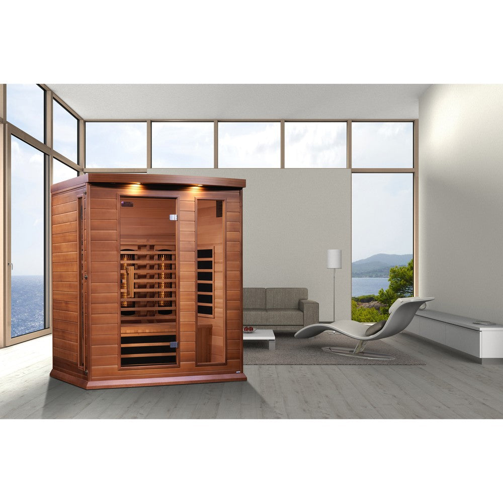 Maxxus MX-M306-01-FS CED 3 person red cedar full spectrum infrared sauna photographed from a three-quarter angle
