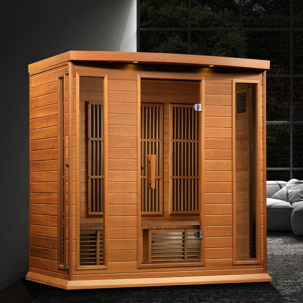 Maxxus MX-K406-01-ZF CED 4 person red cedar Near Zero EMF infrared sauna photographed in a room