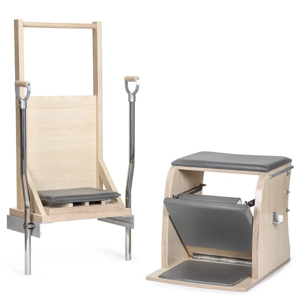 Gray Elina Pilates Combination Wunda and Electric Chair shown as its two components