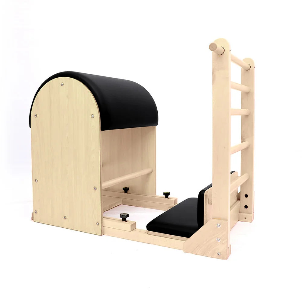 Elite Elina Pilates wooden base Ladder Barrel in black, angled view