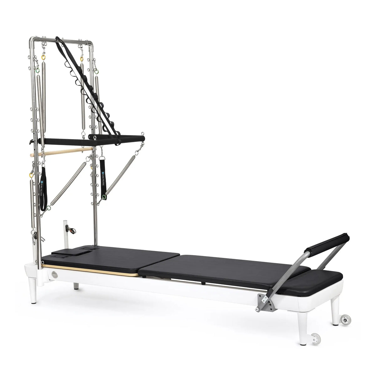 Elina Pilates Nubium aluminum reformer with tower in black, angled view