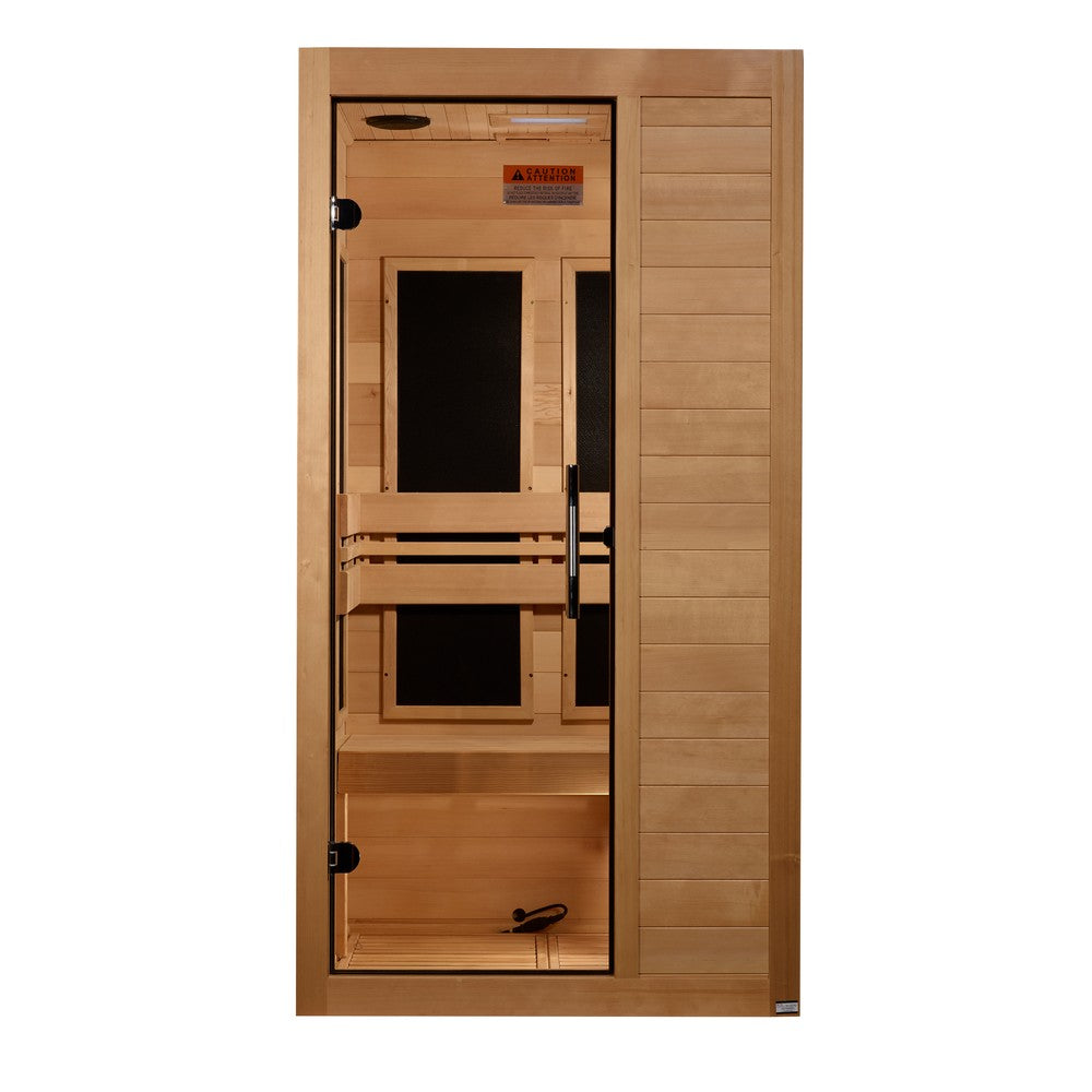 Maxxus S-Line Yoga 1 person Ultra Low EMF infrared sauna front view with the interior visible