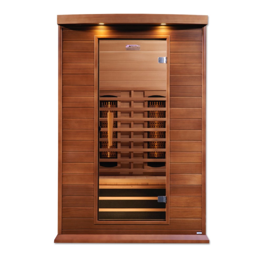 Maxxus MX-M206-01-FS CED 2 person red cedar full spectrum infrared sauna photographed in a room