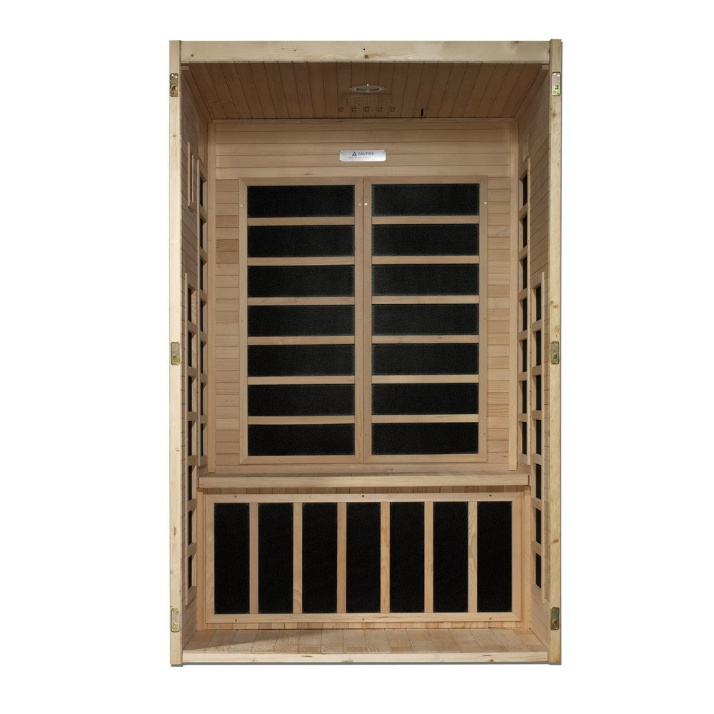 Dynamic Santiago 2 person Low EMF infrared sauna front view with the interior visible