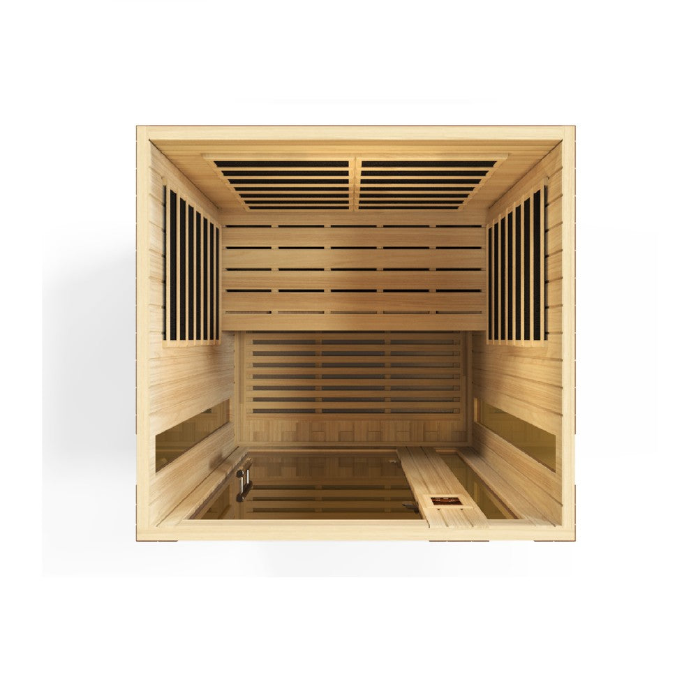 Dynamic Vittoria 2 person Low EMF infrared sauna front view with the interior visible