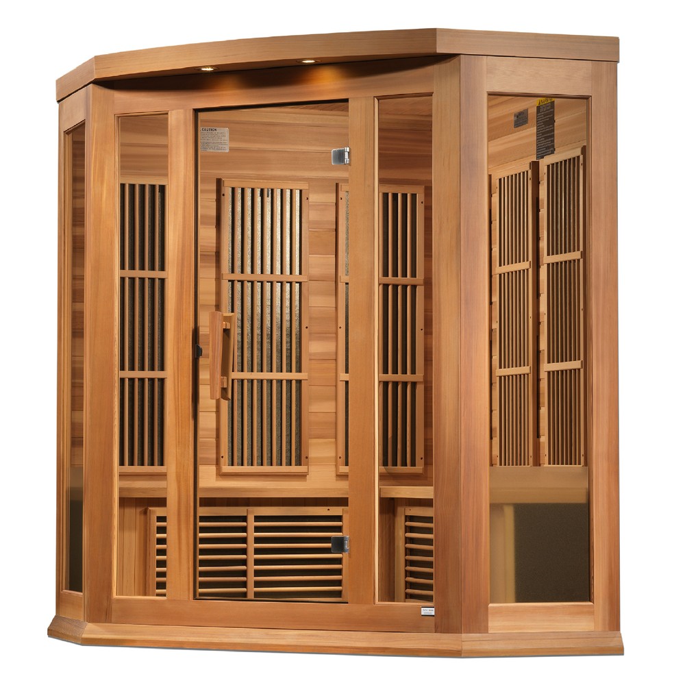 Maxxus MX-K356-01 CED 3 person corner red cedar Low EMF infrared sauna front view with the interior visible