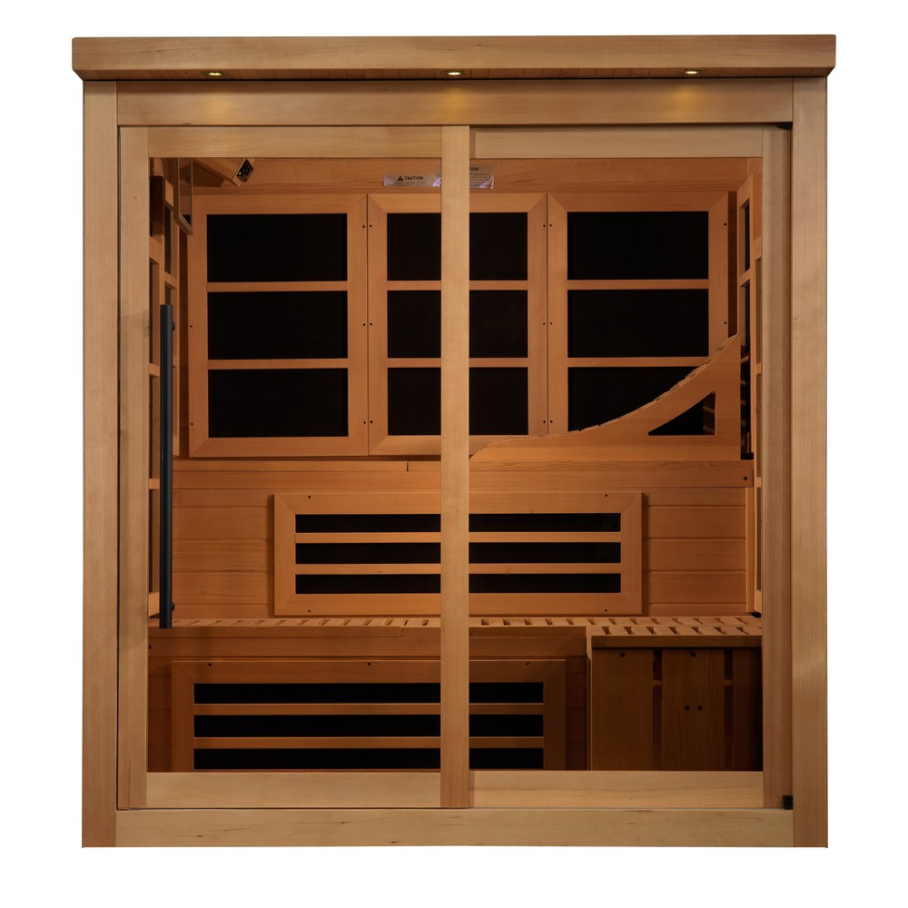 Golden Designs Monaco Limited Edition 6 person Near Zero EMF infrared sauna front view with the interior visible