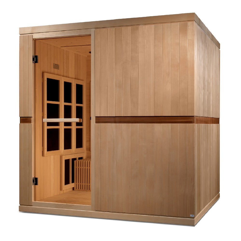 Golden Designs Catalonia 8 person Near Zero EMF infrared sauna front view with the interior visible