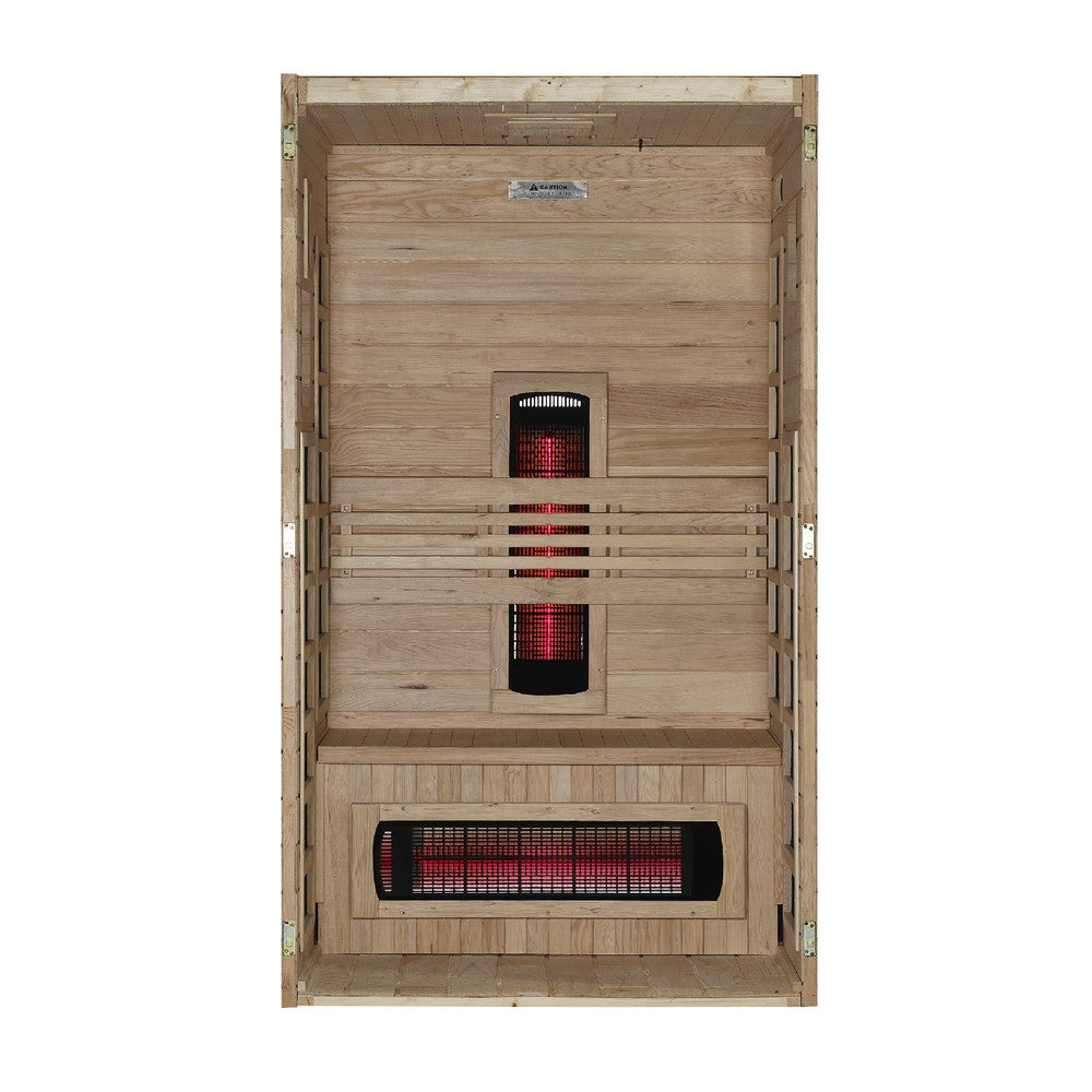 Dynamic Santorini 1 person Low EMF infrared sauna interior seen with the front wall removed