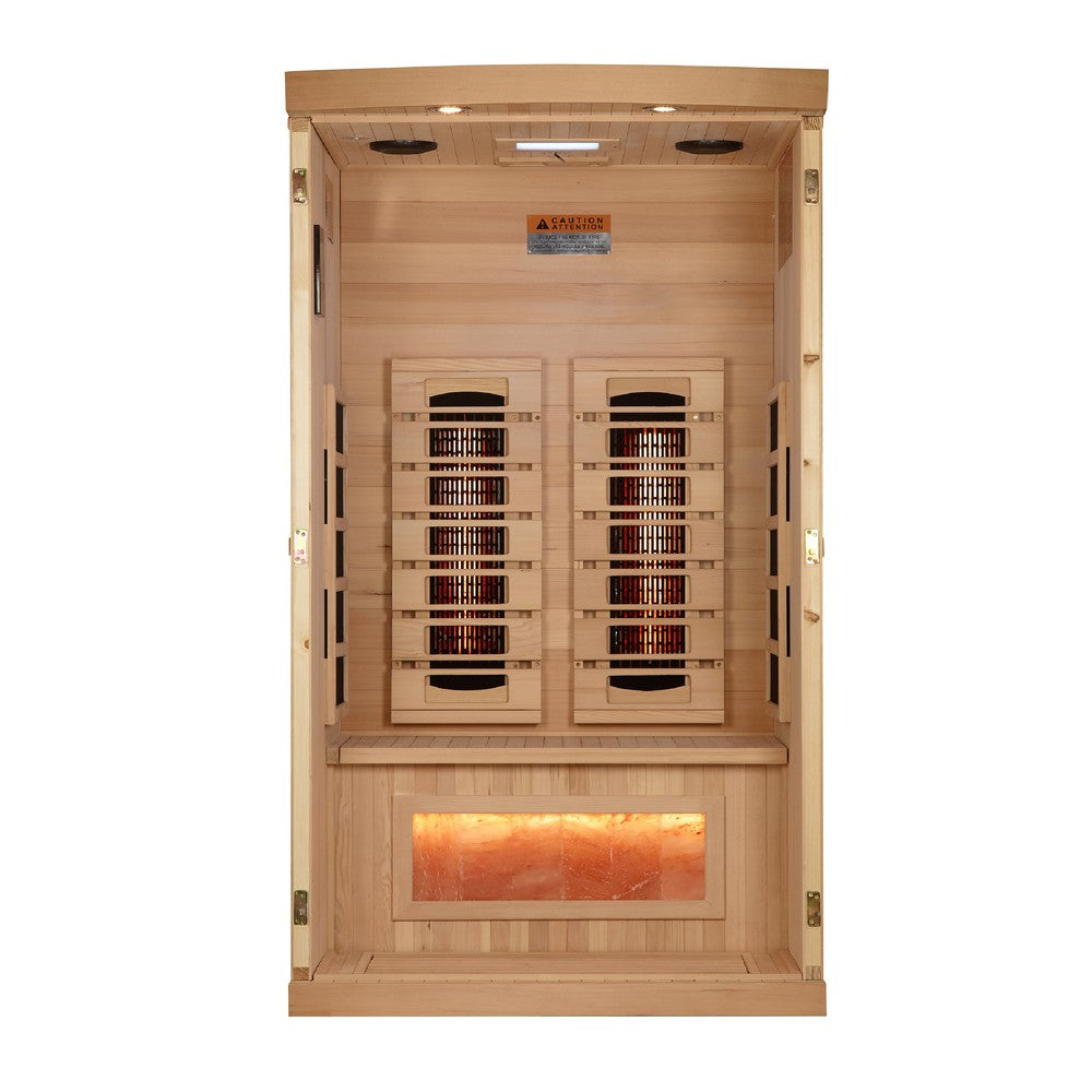 Golden Designs GDI-8010-03 1 person full spectrum infrared sauna photographed against a plain background