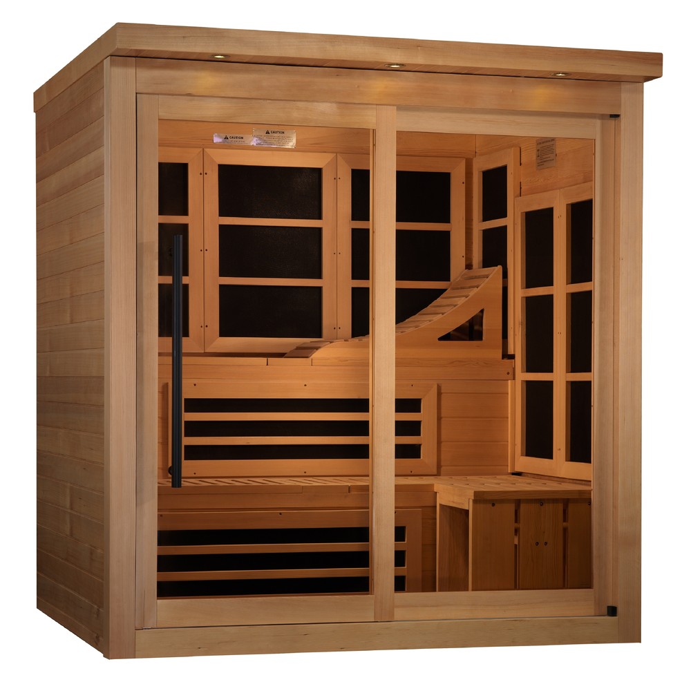Golden Designs Monaco Limited Edition 6 person Near Zero EMF infrared sauna photographed against a plain background