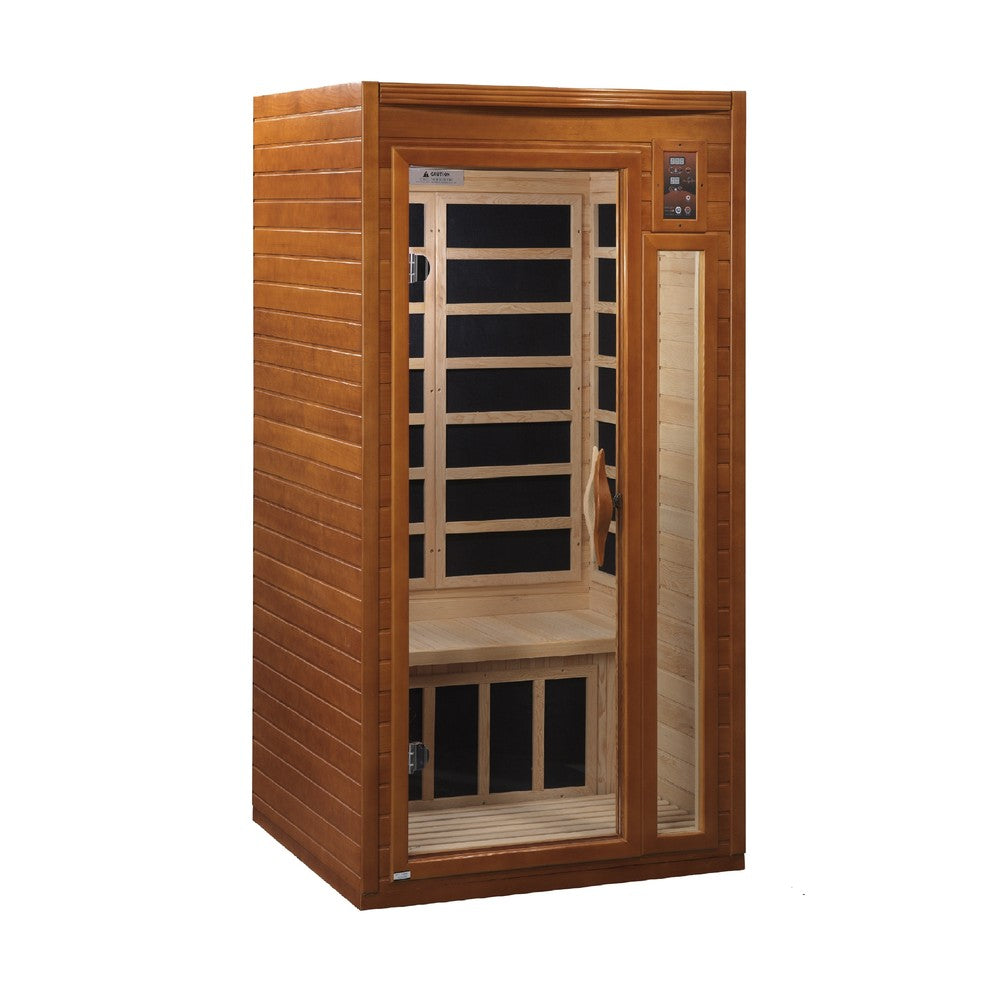 Dynamic Barcelona 1 person Low EMF infrared sauna photographed against a plain background