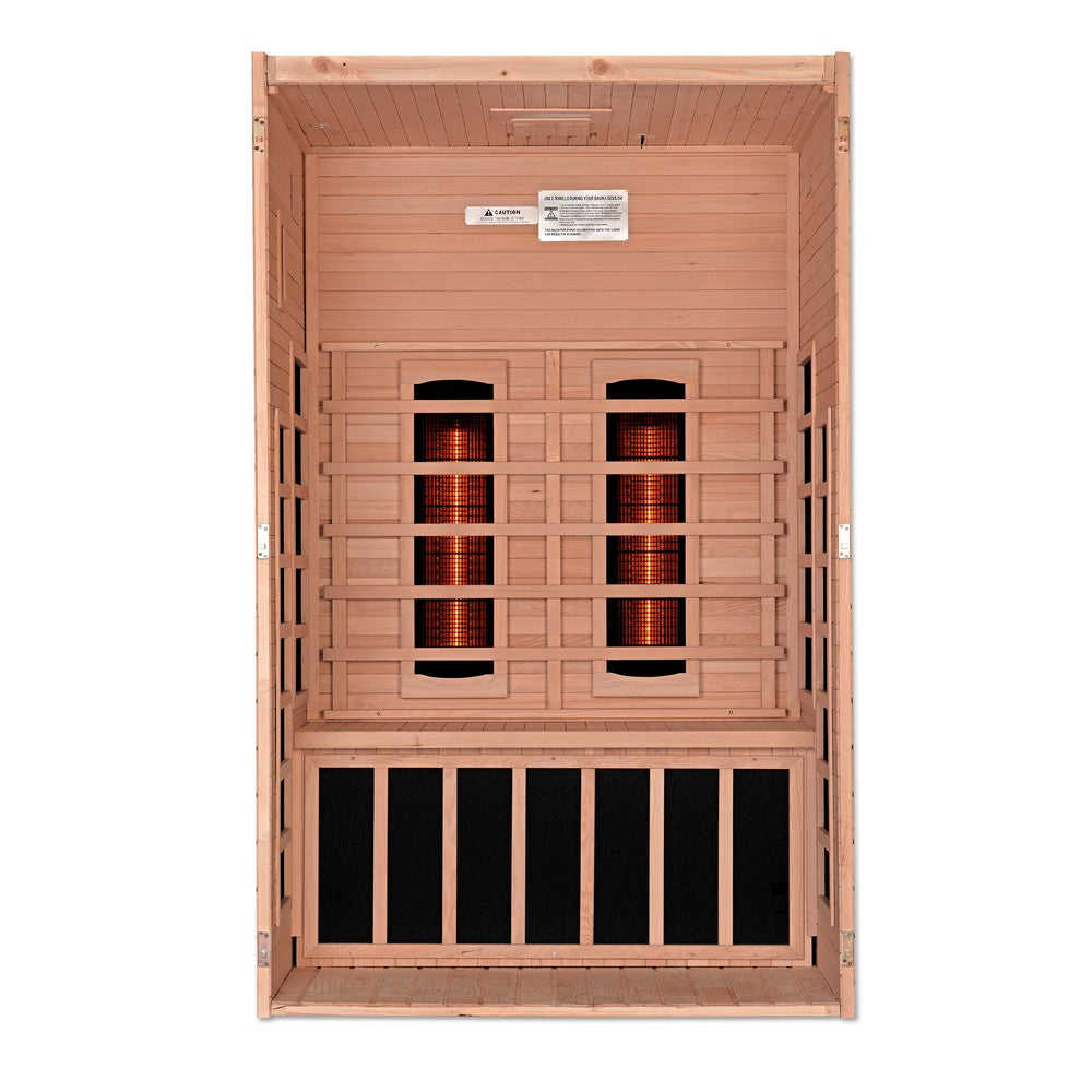 Dynamic Santiago 2 person Low EMF infrared sauna photographed against a plain background
