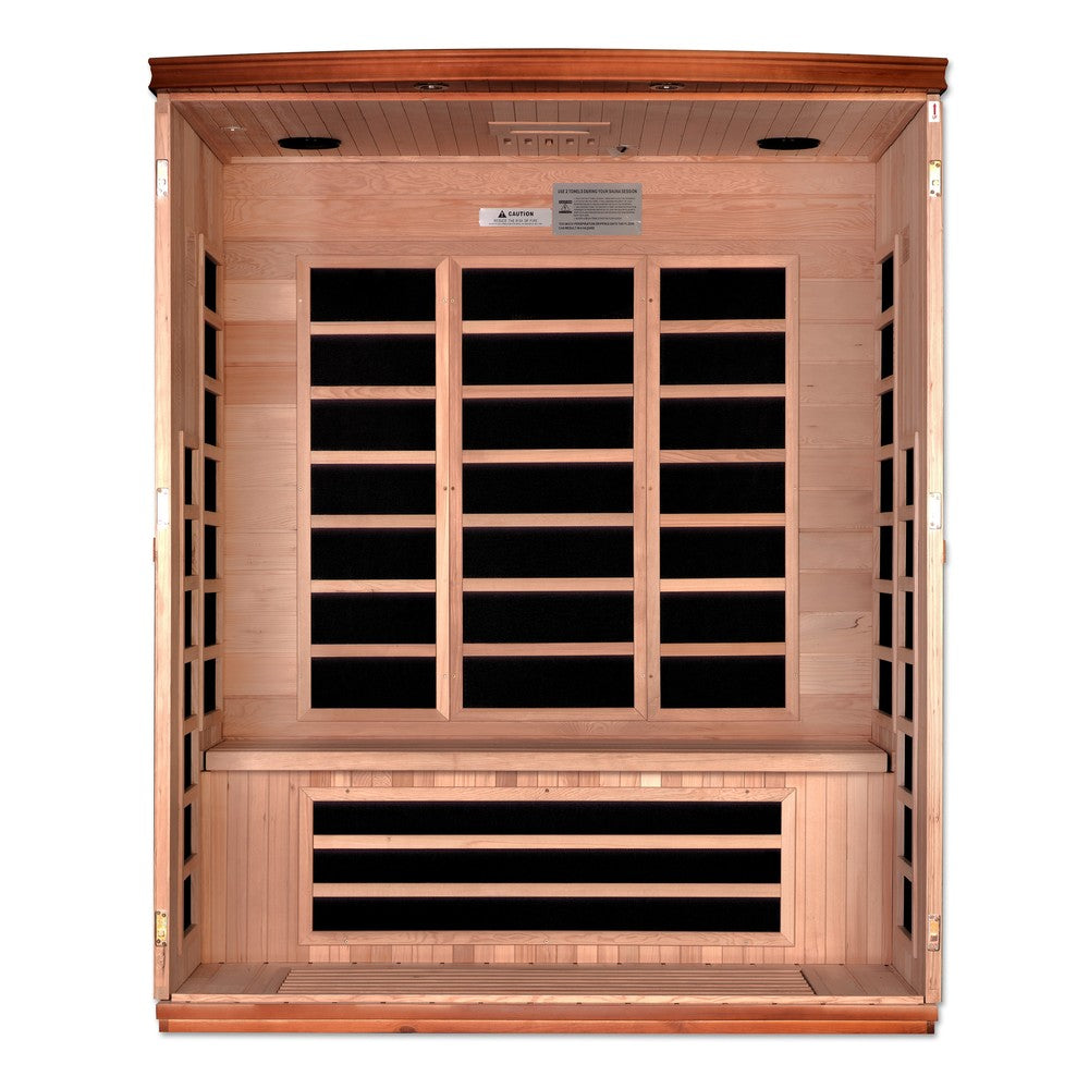 Dynamic Lugano 3 person Low EMF infrared sauna photographed against a plain background