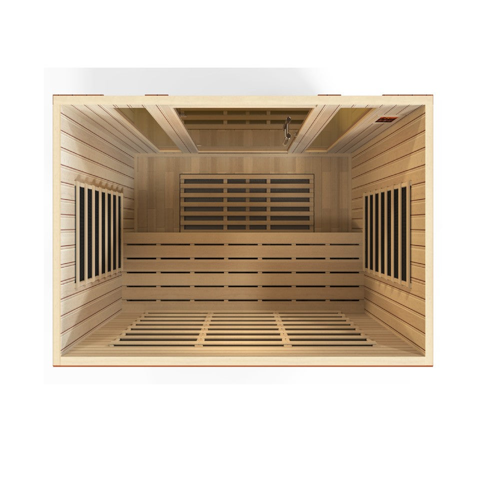 Dynamic Bergamo 4 person Low EMF infrared sauna photographed against a plain background