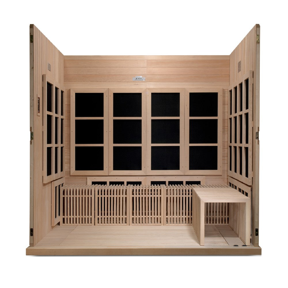 Golden Designs Catalonia 8 person Near Zero EMF infrared sauna photographed against a plain background