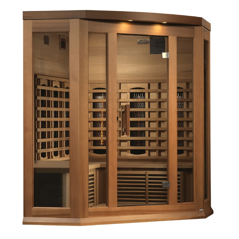 Maxxus MX-M356-01-FS CED 3 person corner red cedar full spectrum infrared sauna photographed in a room