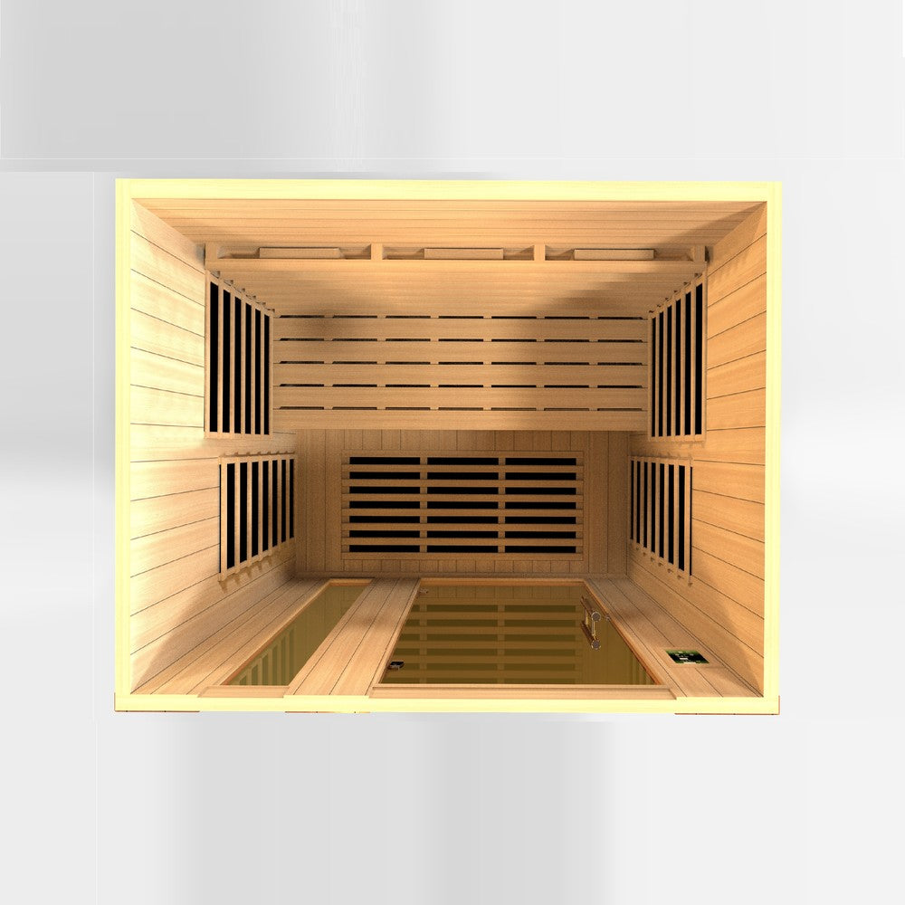 Dynamic Lugano 3 person Low EMF infrared sauna photographed against a plain background