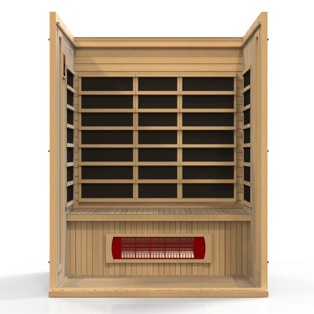 Maxxus Trinity 3 person Low EMF infrared sauna photographed against a plain background