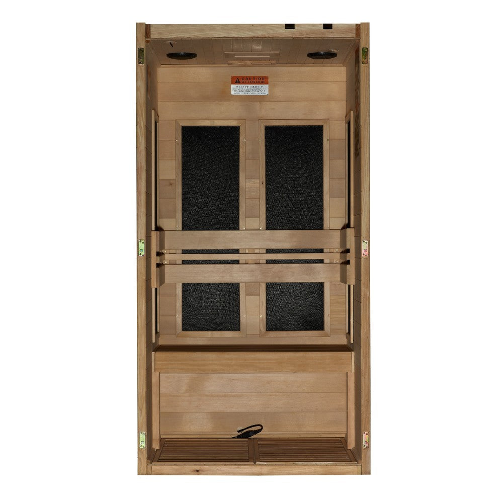 Maxxus S-Line Yoga 1 person Low EMF infrared sauna photographed against a plain background