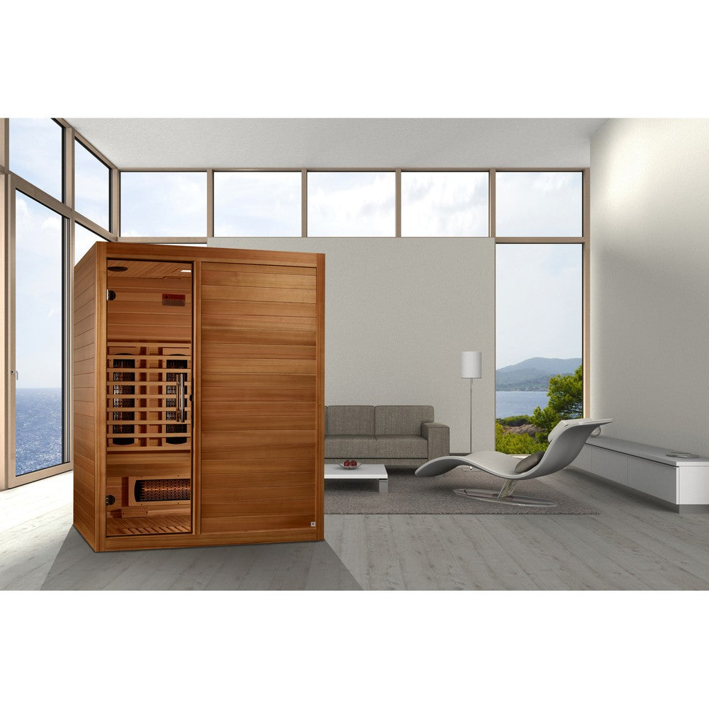 Maxxus S-Line Yoga 3 person full spectrum infrared sauna photographed against a plain background