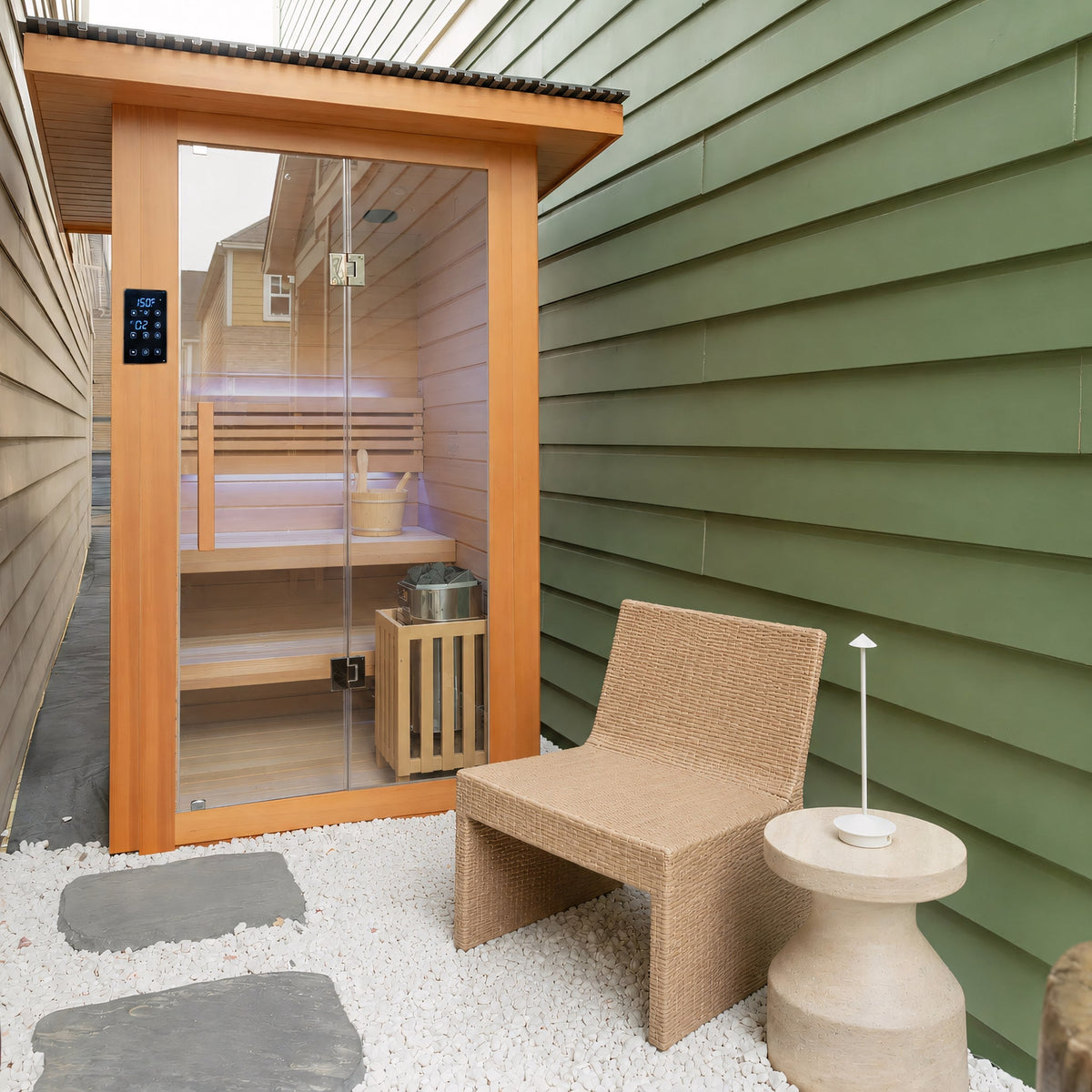 Revive 2 Person Traditional Sauna exterior with roofing kit installed outdoors