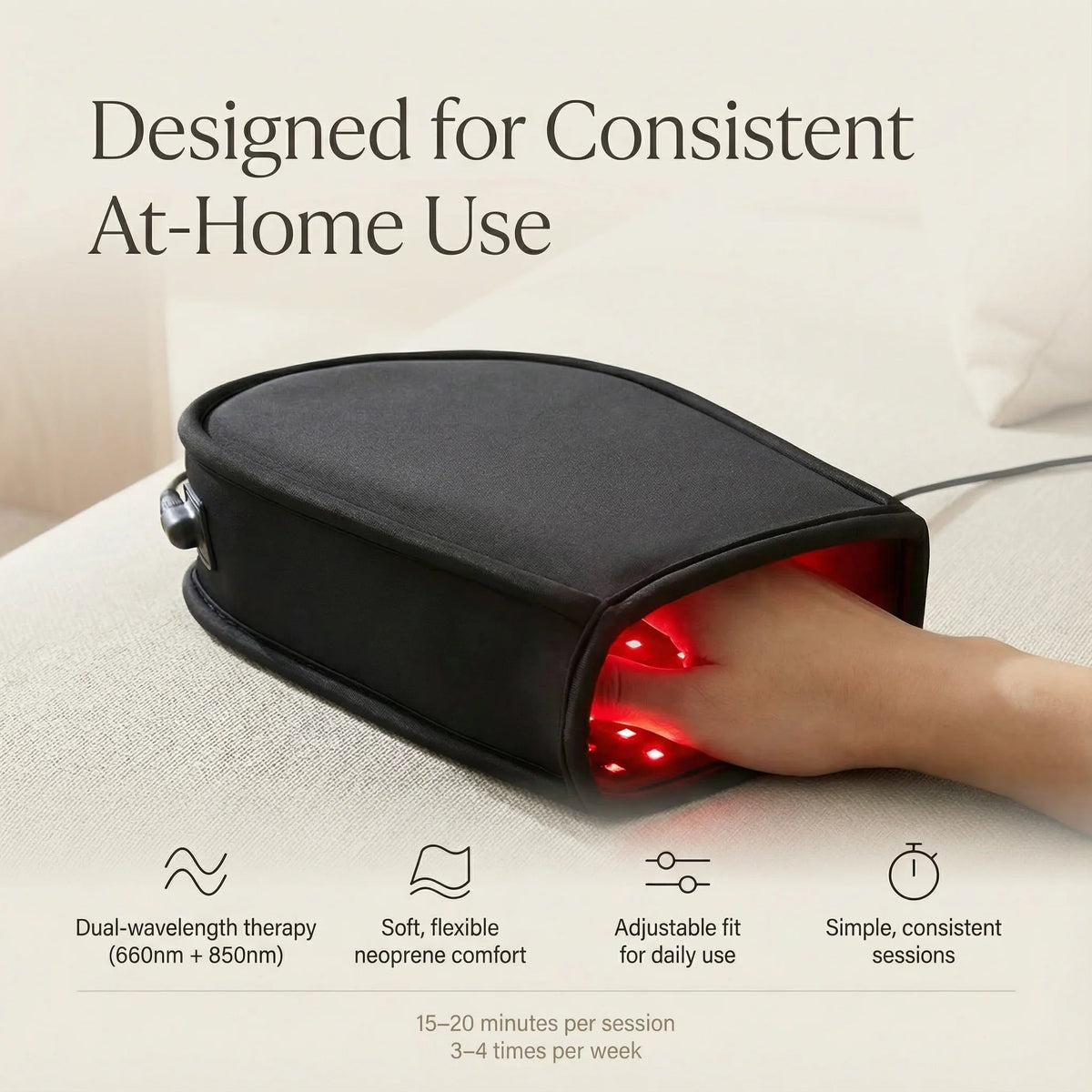 Hand inside a Nicebeam Red Light Therapy Hand Glove with feature icons below