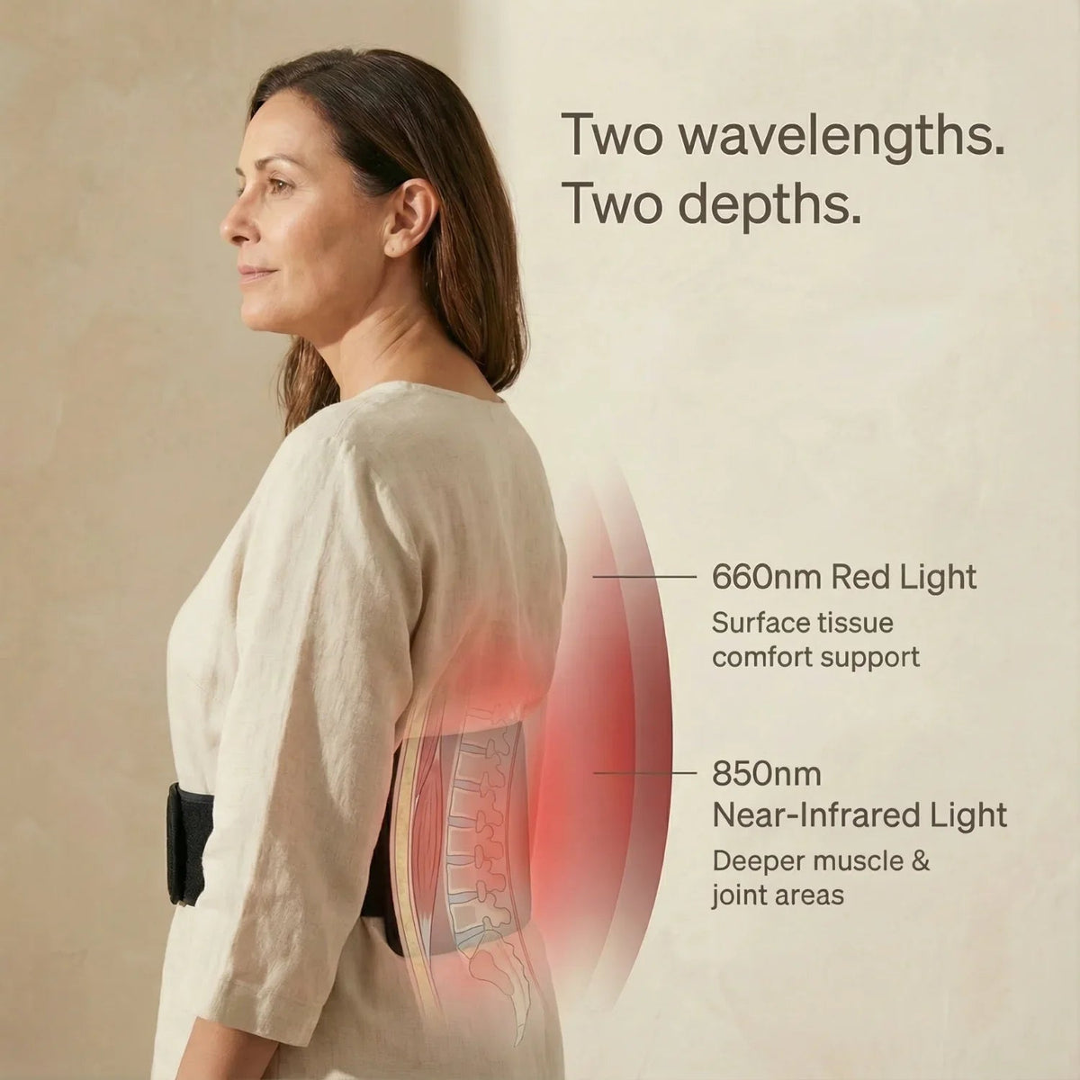 Nicebeam Red Light Therapy Band graphic showing 660 nm red and 850 nm near infrared light