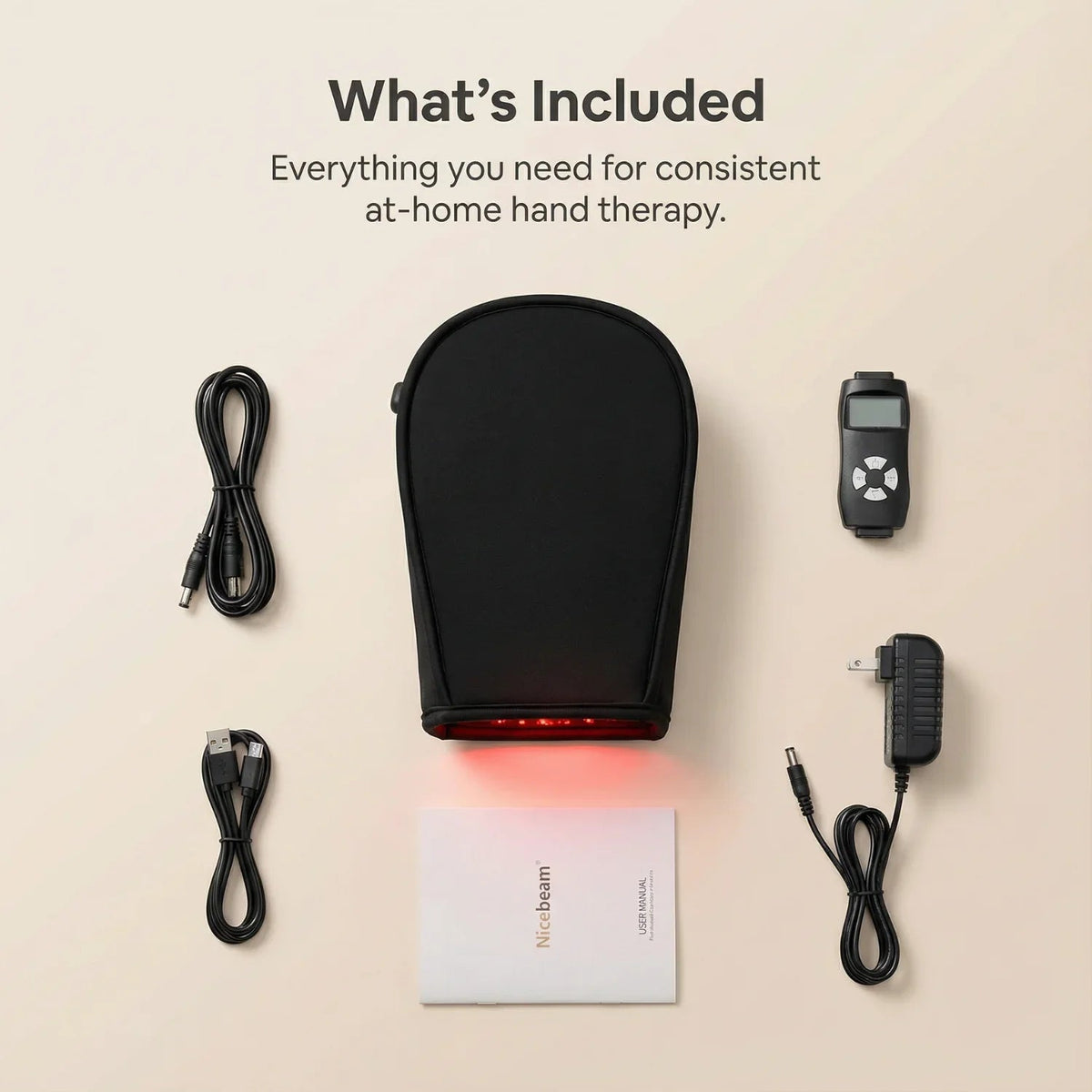 Nicebeam Red Light Therapy Hand Gloves kit contents with glove, controller, cables and charger