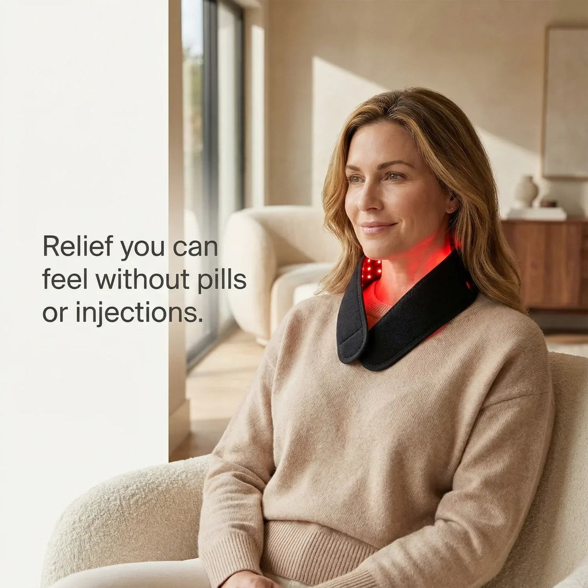Woman in an armchair wearing the Nicebeam Red Light Therapy Strap on her neck with a text headline