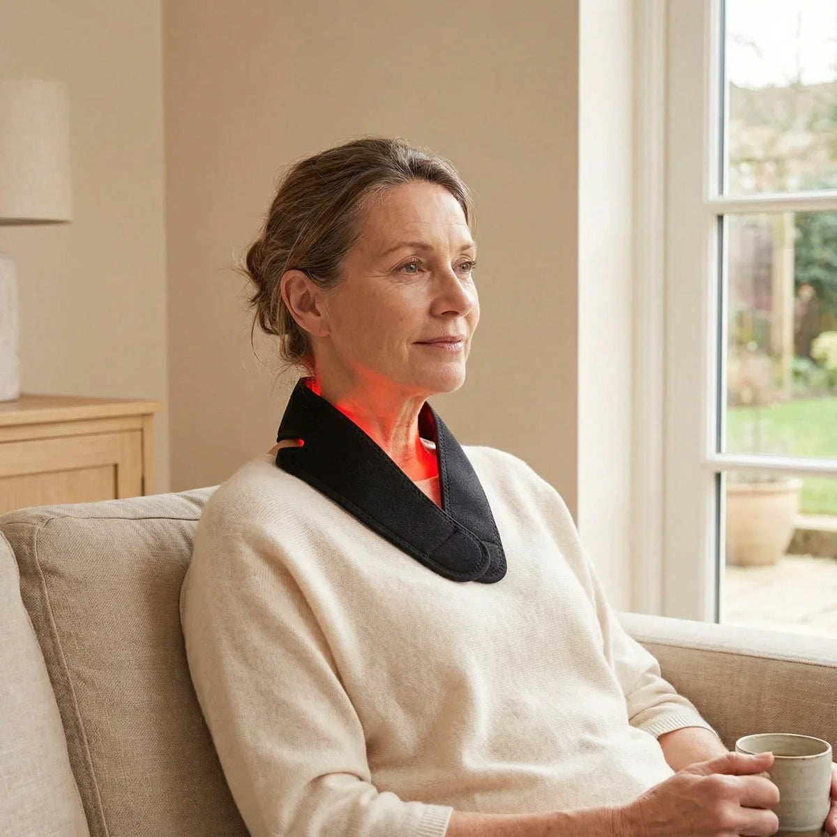 Woman sitting in an armchair wearing the Nicebeam Red Light Therapy Strap around her neck