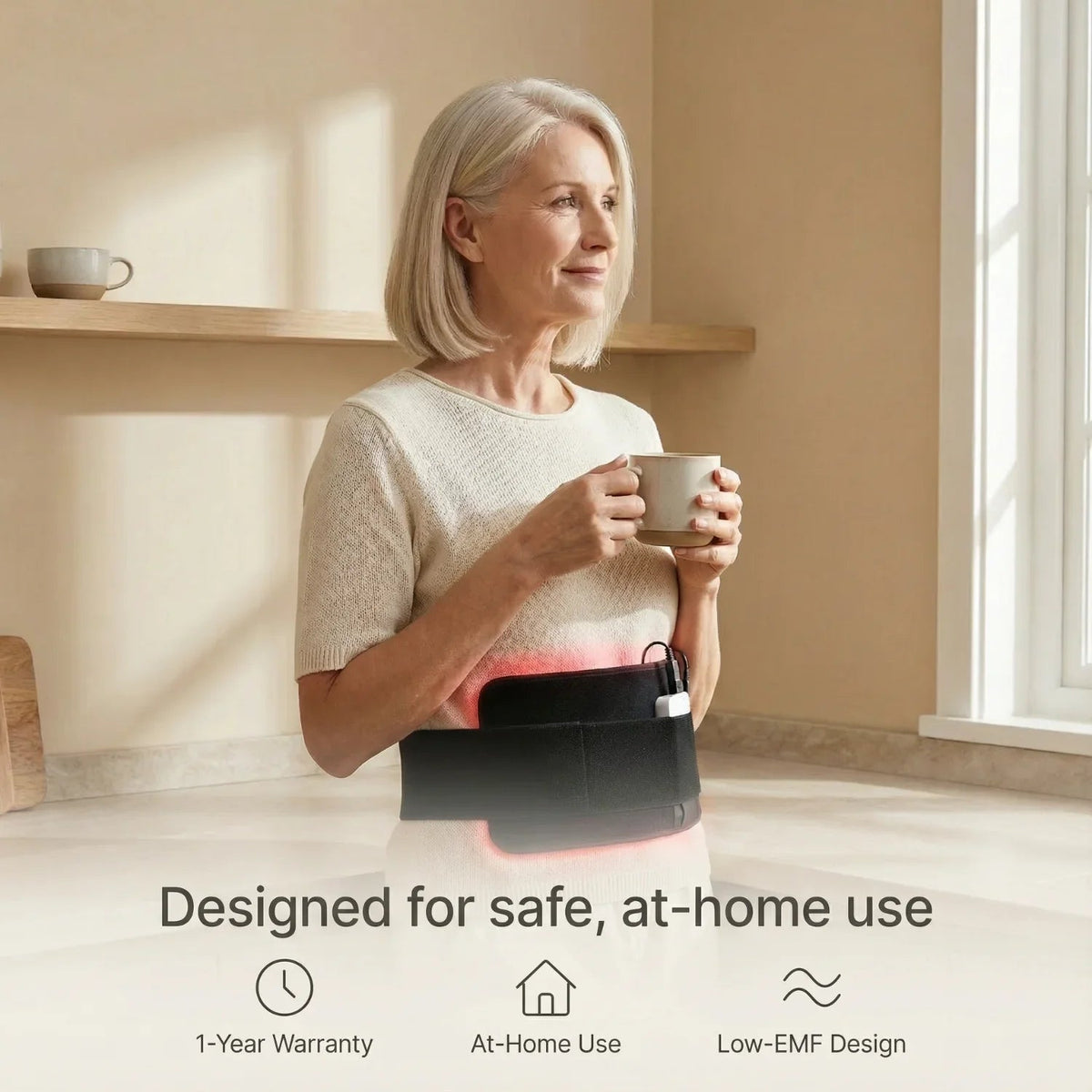 Woman wearing the Nicebeam Red Light Therapy Band with at-home use and warranty icons