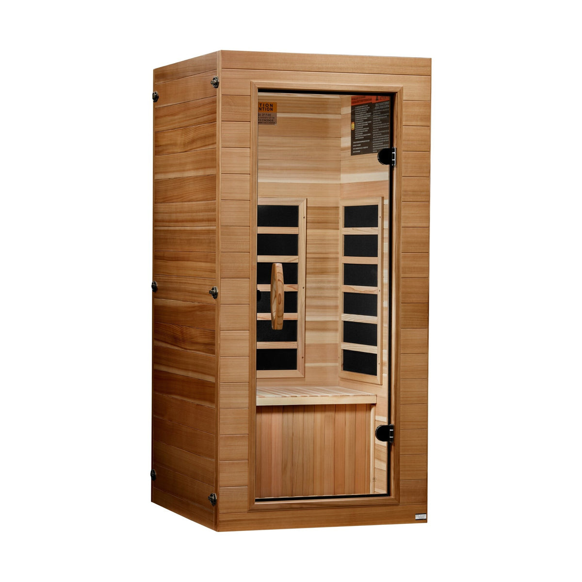 Dynamic Vero Elite DYN-1201-01 compact one-person Ultra Low EMF infrared sauna, angled front view