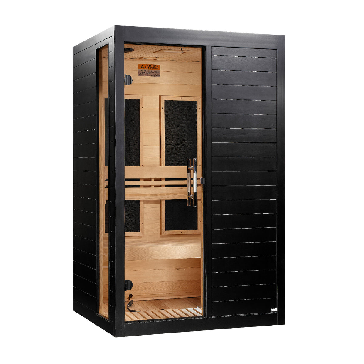 Dynamic Veneto Black Elite DYN-6115-06 1–2 person Ultra Low EMF infrared sauna, angled front view