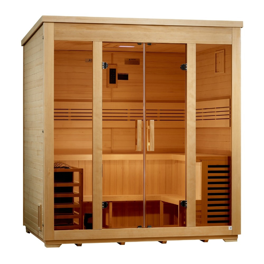 Golden Designs Vorarlberg Flat Roof 5 Person Outdoor Traditional Sauna left angle