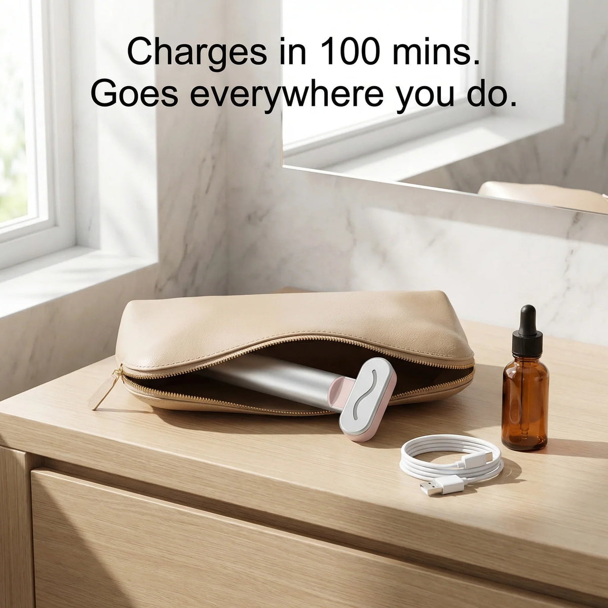 Nicebeam 4-in-1 Skincare Wand with charging cable and pouch on a bathroom counter