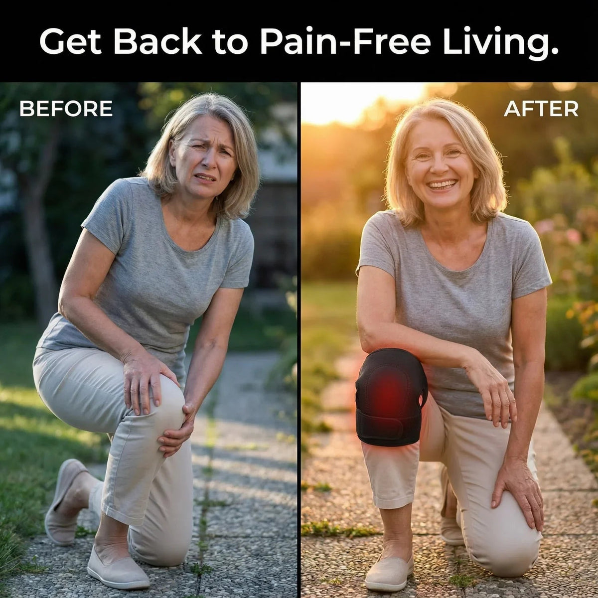 Before and after lifestyle comparison featuring a woman using the Nicebeam knee pad