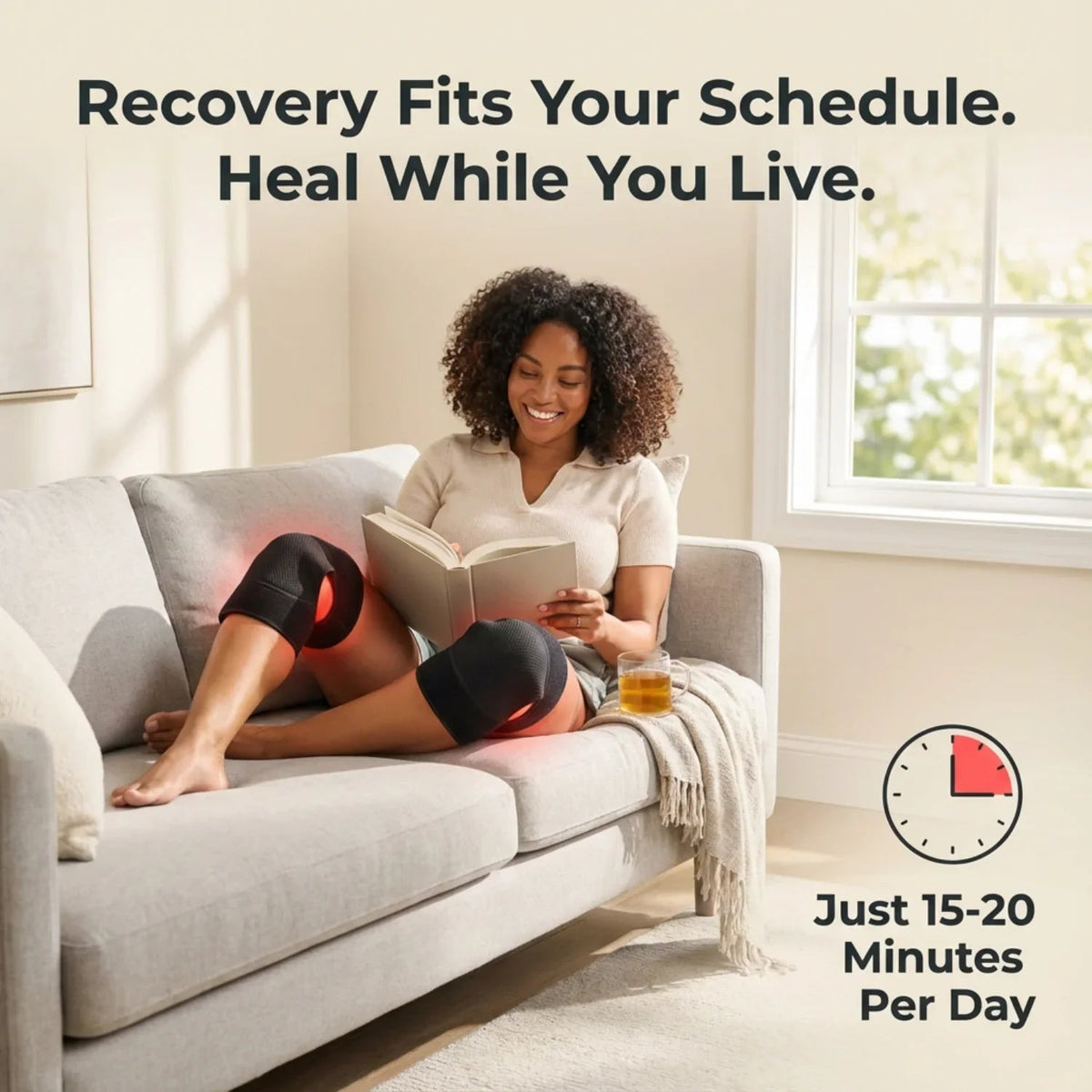 Woman relaxing on a sofa while wearing the Nicebeam knee pad