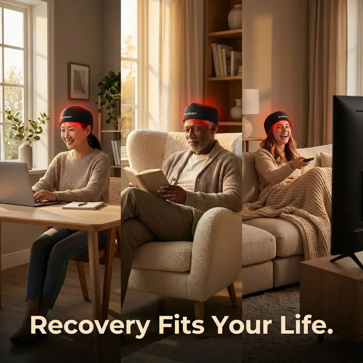 Three people wearing the Nicebeam Red Light Therapy Hat while relaxing in a living room