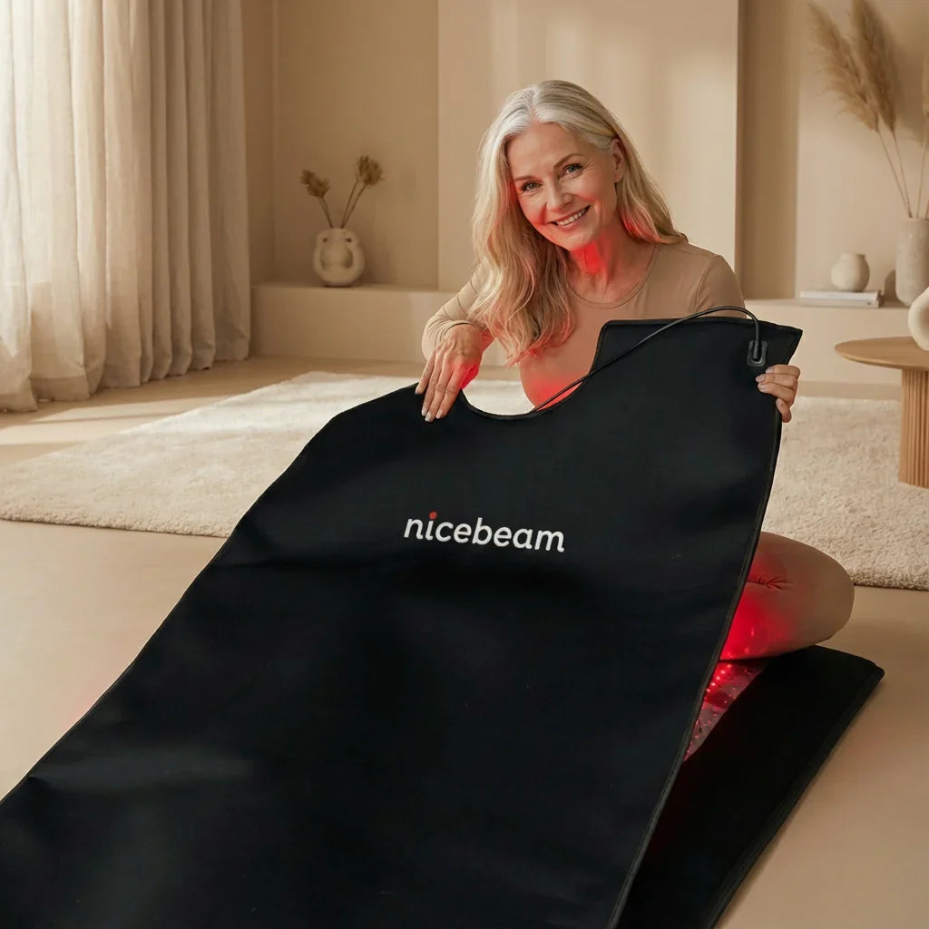 Woman holding the foldable Nicebeam red light therapy bag